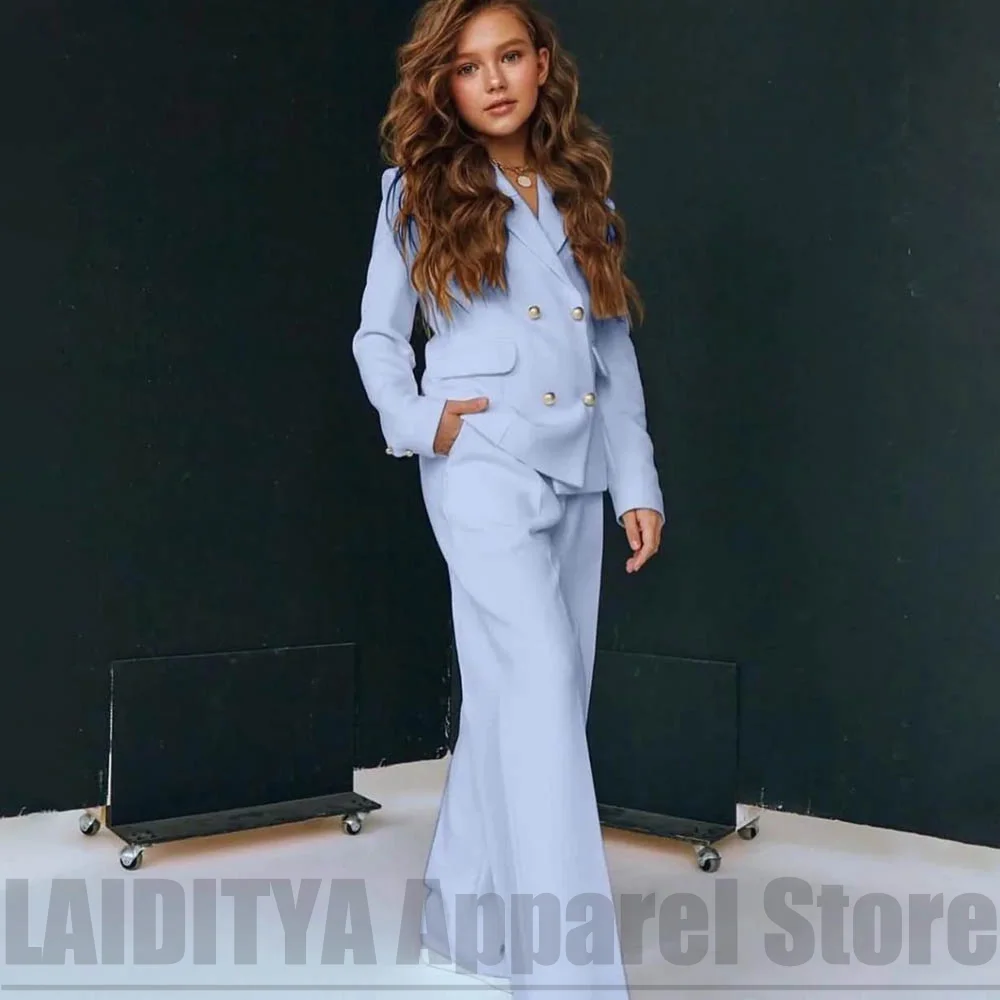 Girls Double Breasted Suit Blazer Wide Leg Pants Elegant Formal Outfit Birthday Wedding Party Kids Fashion Clothes Set 2 Piece