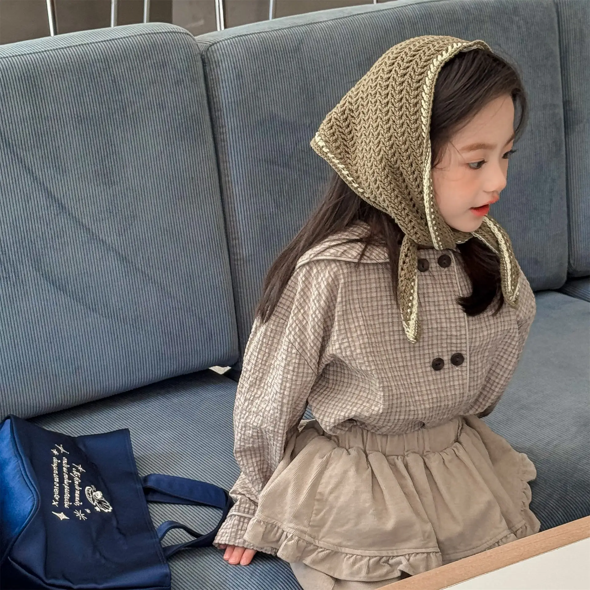 2026 Autumn New Girls Plaid Shirts Children Long Sleeve Tops Baby Girl Large Lapel Cotton Linen Blouse Kids Casual Tops