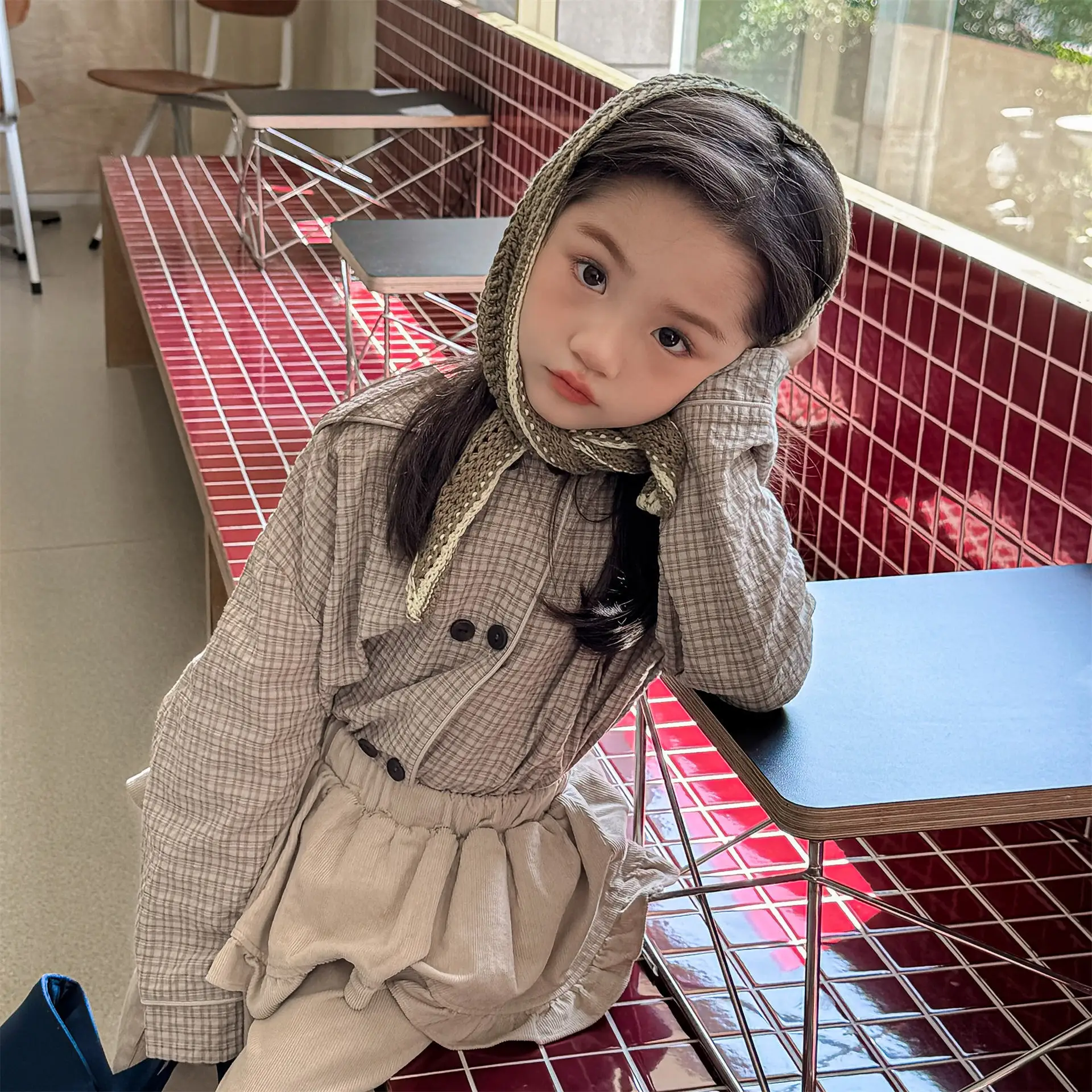 2026 Autumn New Girls Plaid Shirts Children Long Sleeve Tops Baby Girl Large Lapel Cotton Linen Blouse Kids Casual Tops
