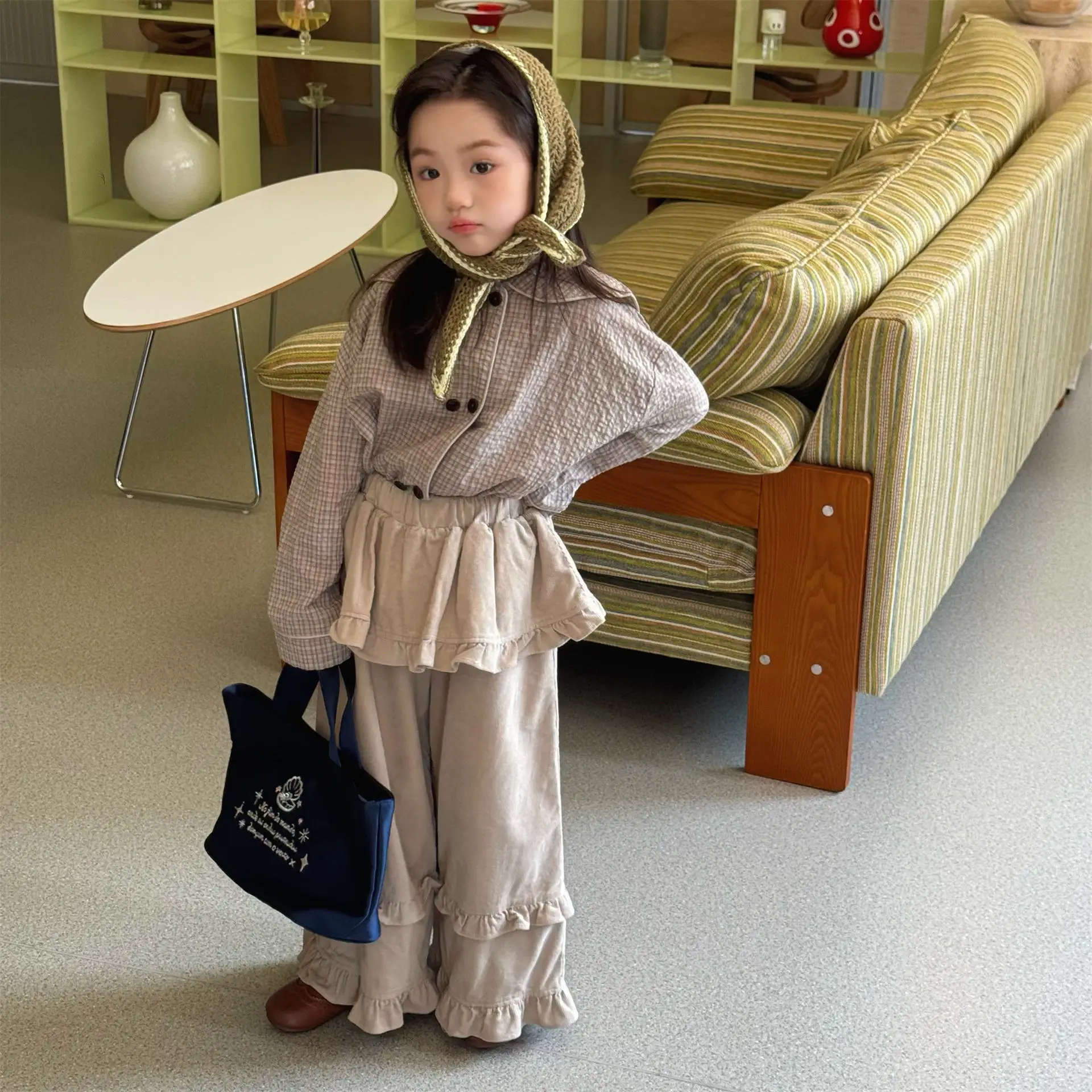 2026 Autumn New Girls Plaid Shirts Children Long Sleeve Tops Baby Girl Large Lapel Cotton Linen Blouse Kids Casual Tops
