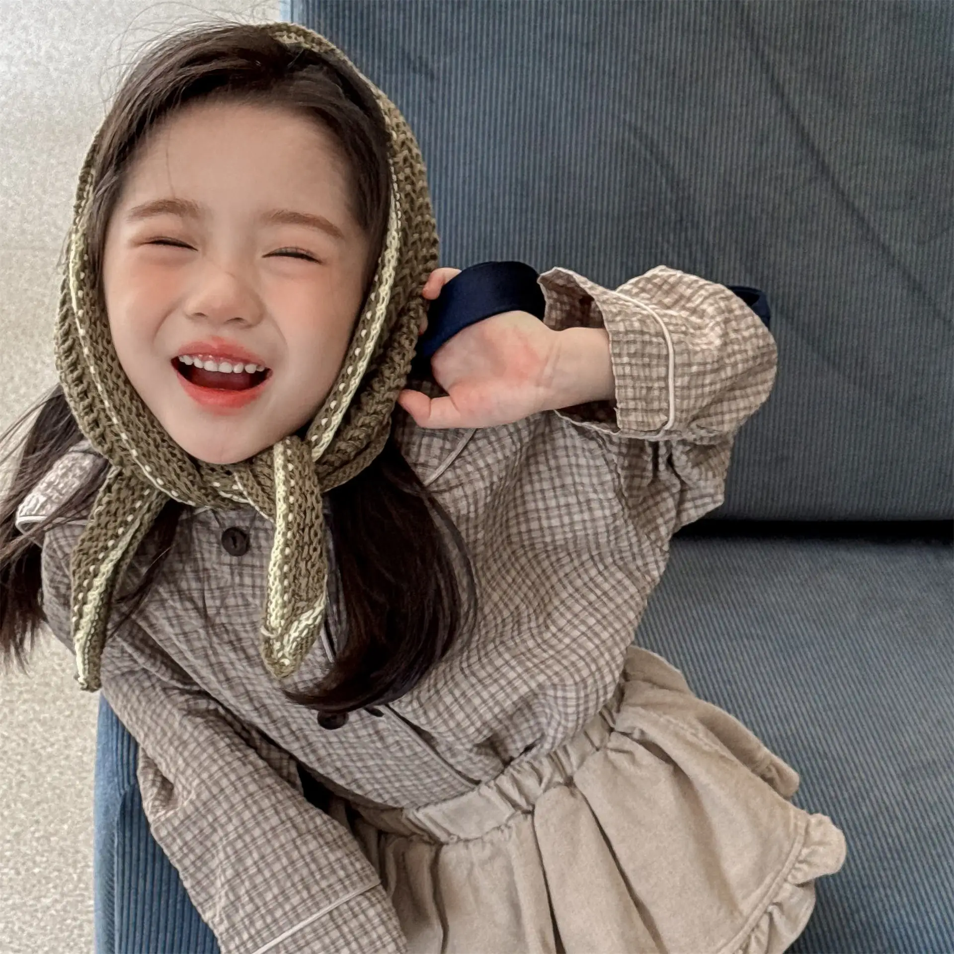 2026 Autumn New Girls Plaid Shirts Children Long Sleeve Tops Baby Girl Large Lapel Cotton Linen Blouse Kids Casual Tops