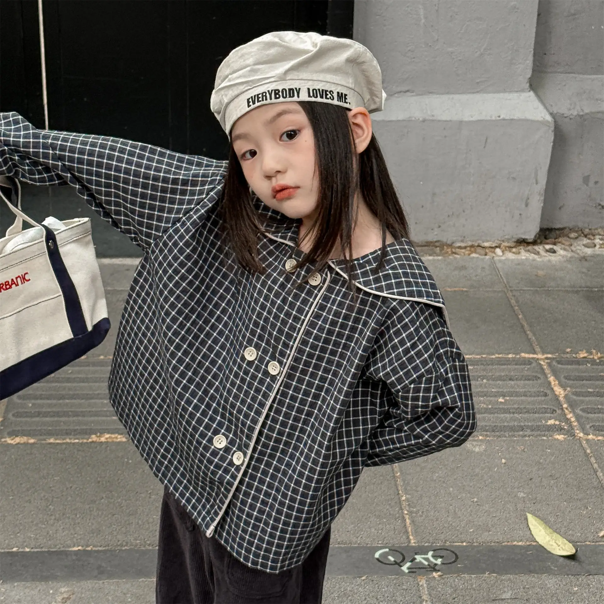 2026 Autumn New Girls Plaid Shirts Children Long Sleeve Tops Baby Girl Large Lapel Cotton Linen Blouse Kids Casual Tops
