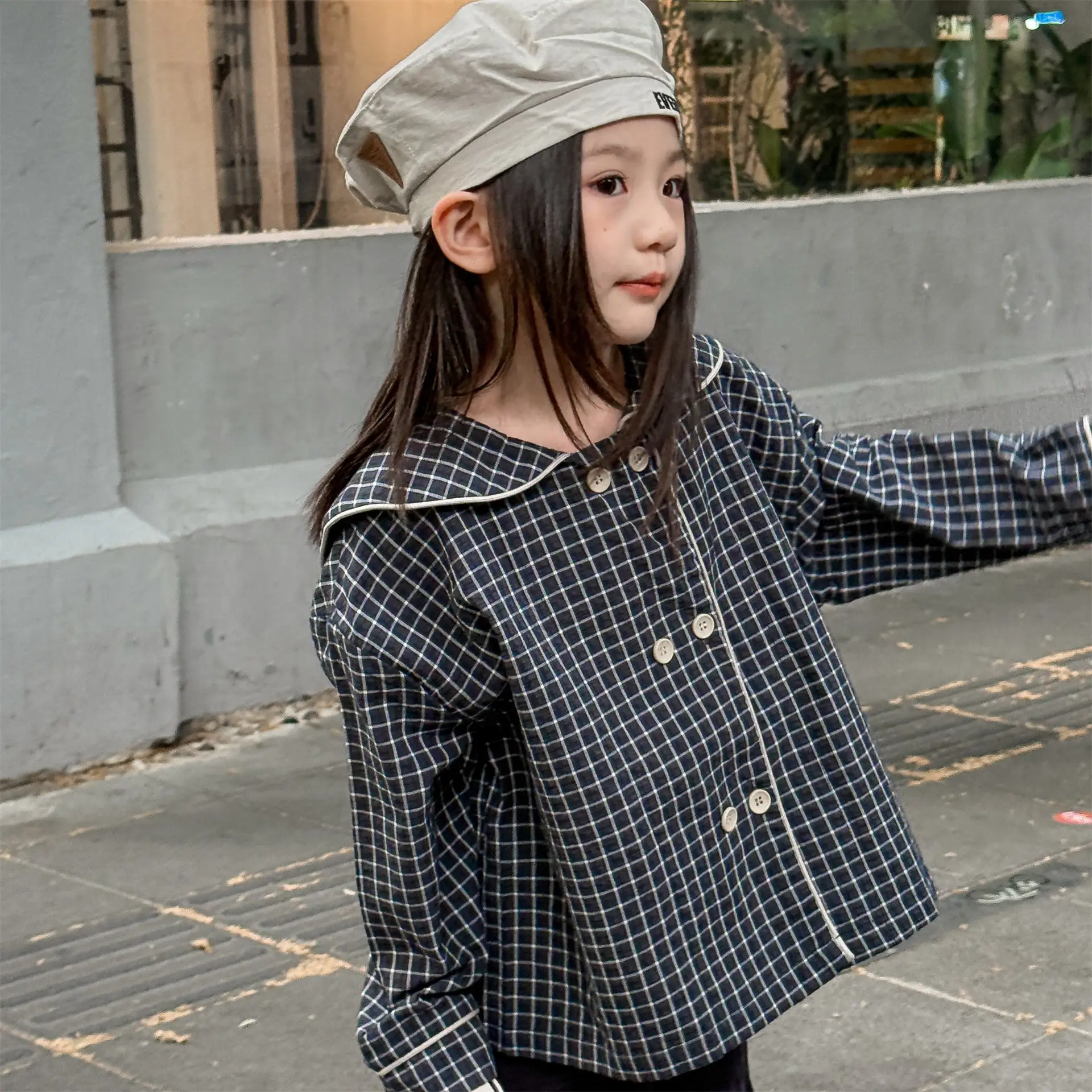 2026 Autumn New Girls Plaid Shirts Children Long Sleeve Tops Baby Girl Large Lapel Cotton Linen Blouse Kids Casual Tops