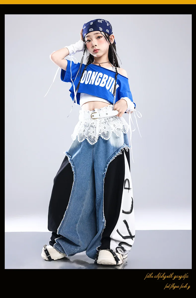 Girls K-pop Off-Shoulder Crop Top Joggers Pants Child Streetwear Girl Group Costume Kids Hip Hop Jazz Street Dance Clothes Set