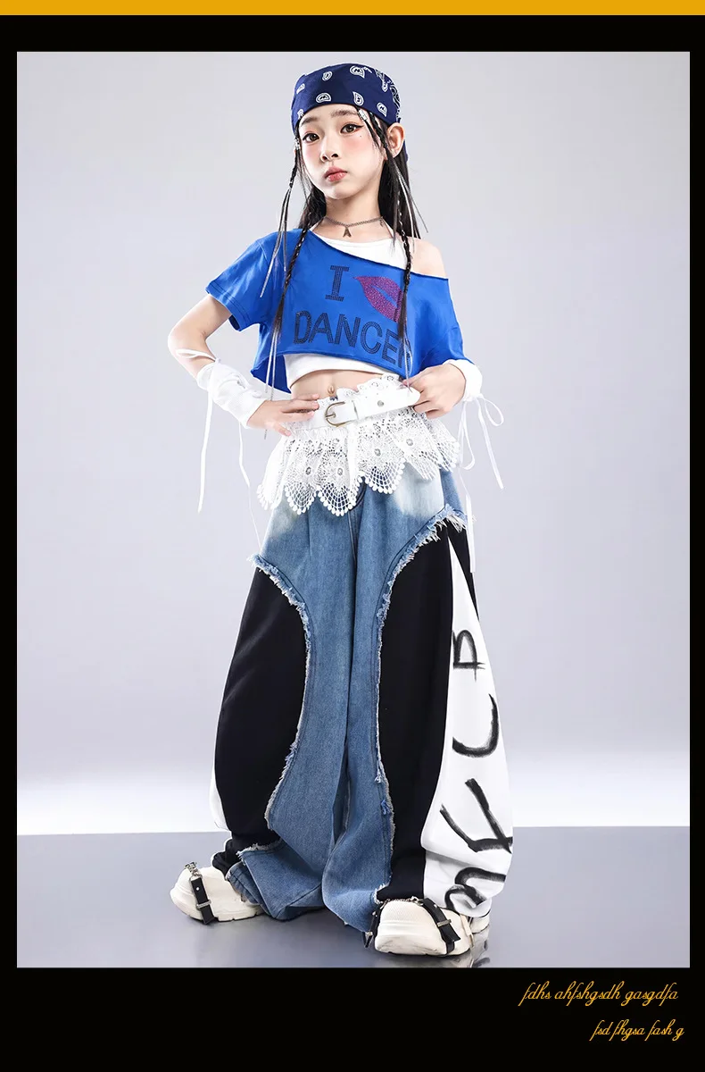 Girls K-pop Off-Shoulder Crop Top Joggers Pants Child Streetwear Girl Group Costume Kids Hip Hop Jazz Street Dance Clothes Set