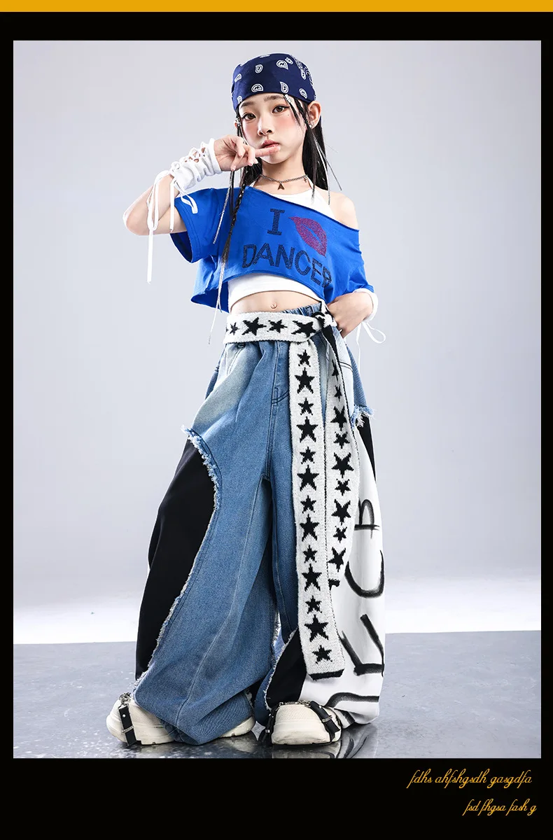 Girls K-pop Off-Shoulder Crop Top Joggers Pants Child Streetwear Girl Group Costume Kids Hip Hop Jazz Street Dance Clothes Set