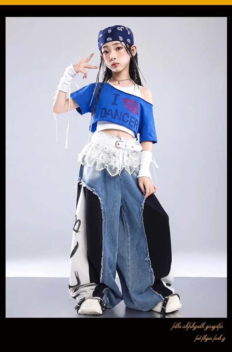 Girls K-pop Off-Shoulder Crop Top Joggers Pants Child Streetwear Girl Group Costume Kids Hip Hop Jazz Street Dance Clothes Set