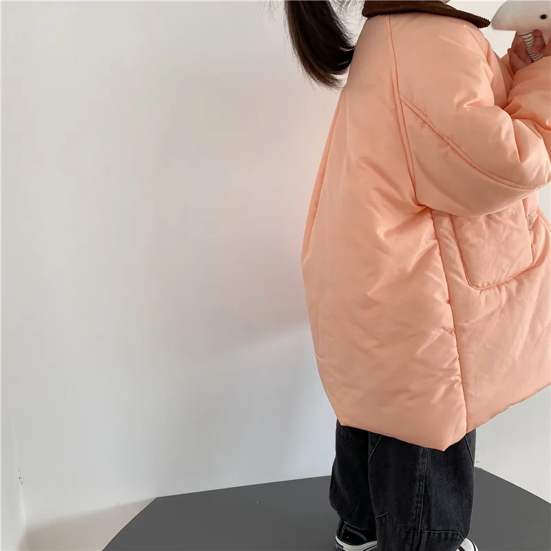 Boys Children Solid Long Cotton-padded Jacket Turn-down Collar Corduroy Thick Cardigan Girls Warm Comfortable Outwear Coat