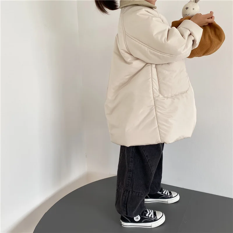 Boys Children Solid Long Cotton-padded Jacket Turn-down Collar Corduroy Thick Cardigan Girls Warm Comfortable Outwear Coat