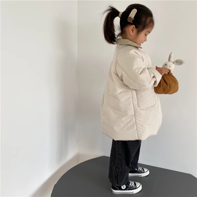 Boys Children Solid Long Cotton-padded Jacket Turn-down Collar Corduroy Thick Cardigan Girls Warm Comfortable Outwear Coat