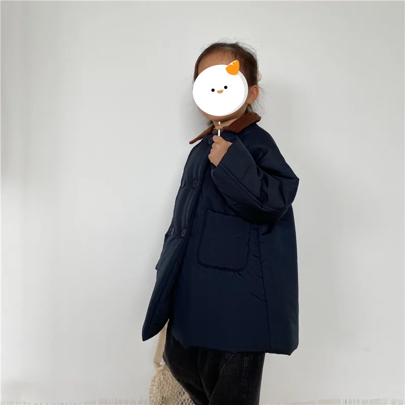 Boys Children Solid Long Cotton-padded Jacket Turn-down Collar Corduroy Thick Cardigan Girls Warm Comfortable Outwear Coat