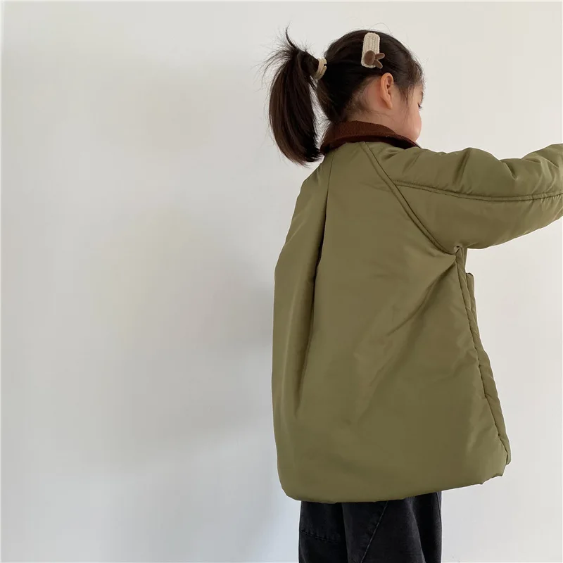 Boys Children Solid Long Cotton-padded Jacket Turn-down Collar Corduroy Thick Cardigan Girls Warm Comfortable Outwear Coat