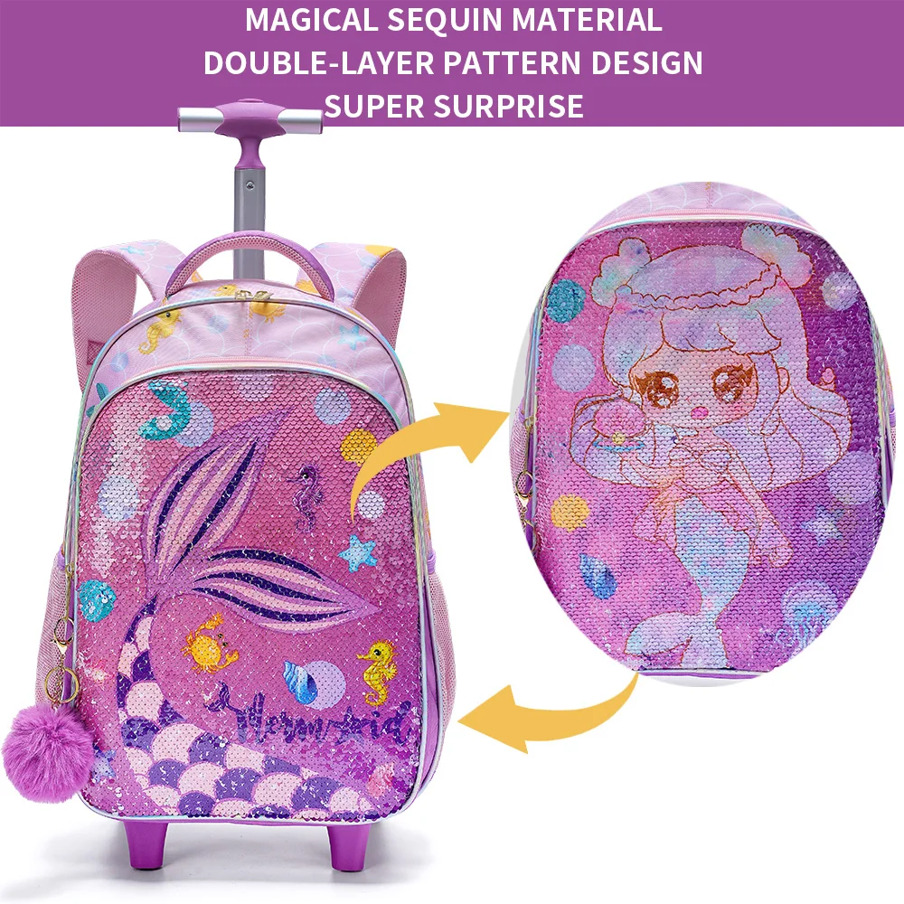 3PCS Kids Travel Bag, Luggage Bag, Bookbag with Wheels, with Lunch Box And Pen Bag, Pink Mermaid Pattern