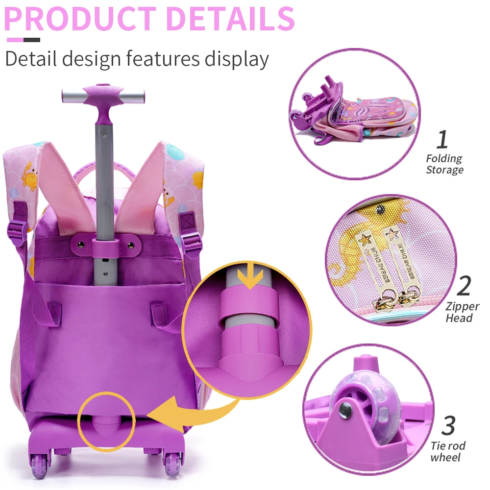 3PCS Kids Travel Bag, Luggage Bag, Bookbag with Wheels, with Lunch Box And Pen Bag, Pink Mermaid Pattern