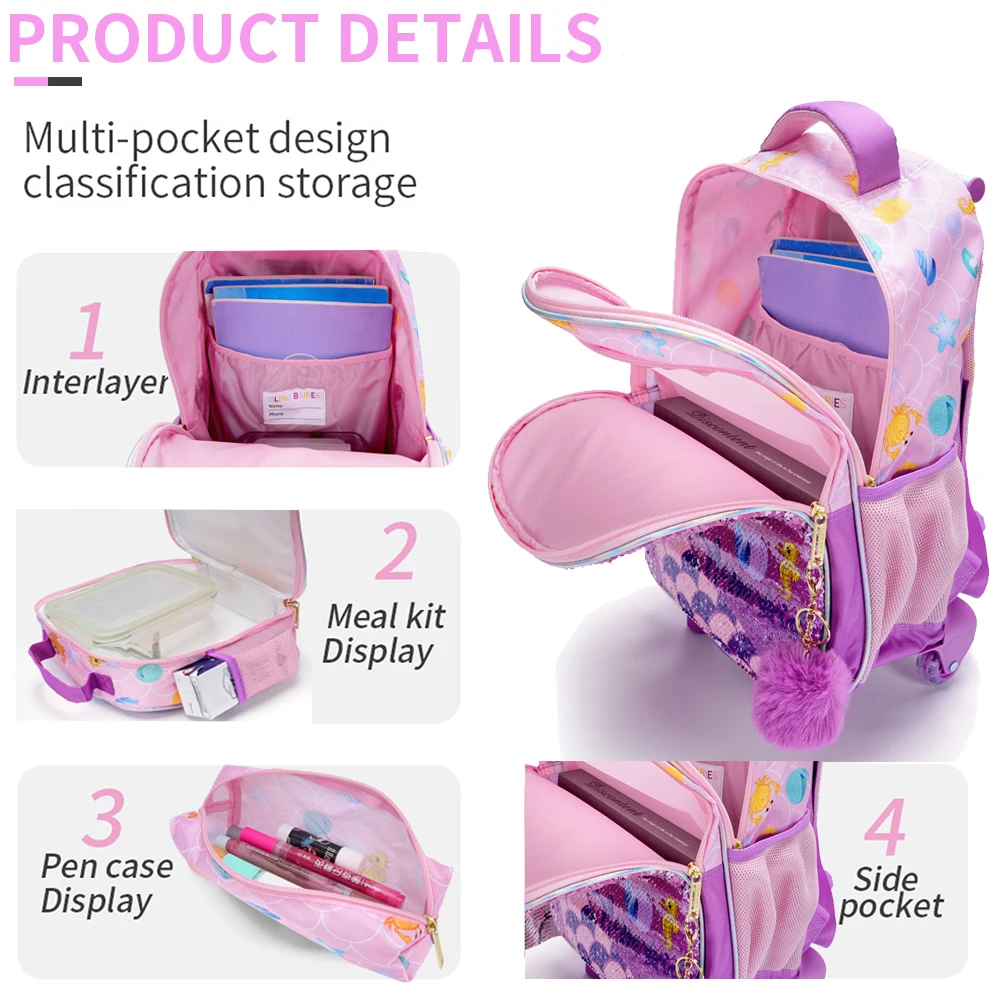 3PCS Kids Travel Bag, Luggage Bag, Bookbag with Wheels, with Lunch Box And Pen Bag, Pink Mermaid Pattern