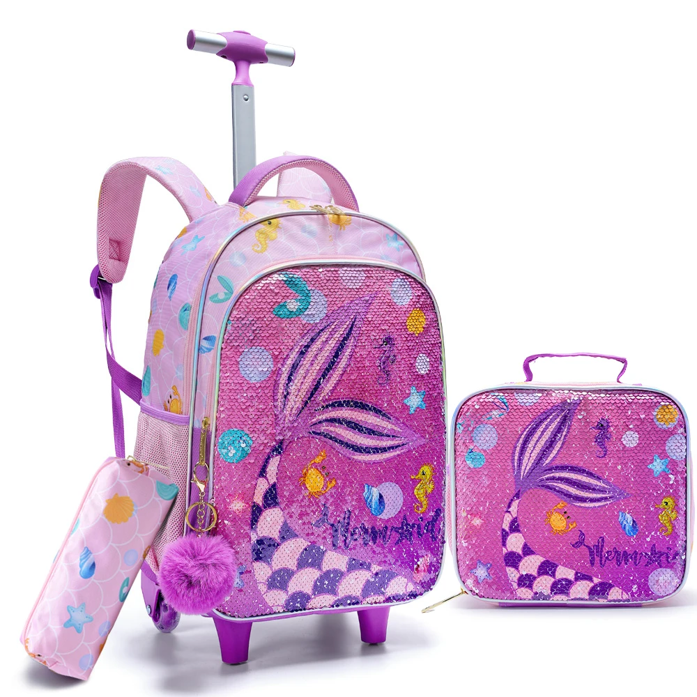 3PCS Kids Travel Bag, Luggage Bag, Bookbag with Wheels, with Lunch Box And Pen Bag, Pink Mermaid Pattern
