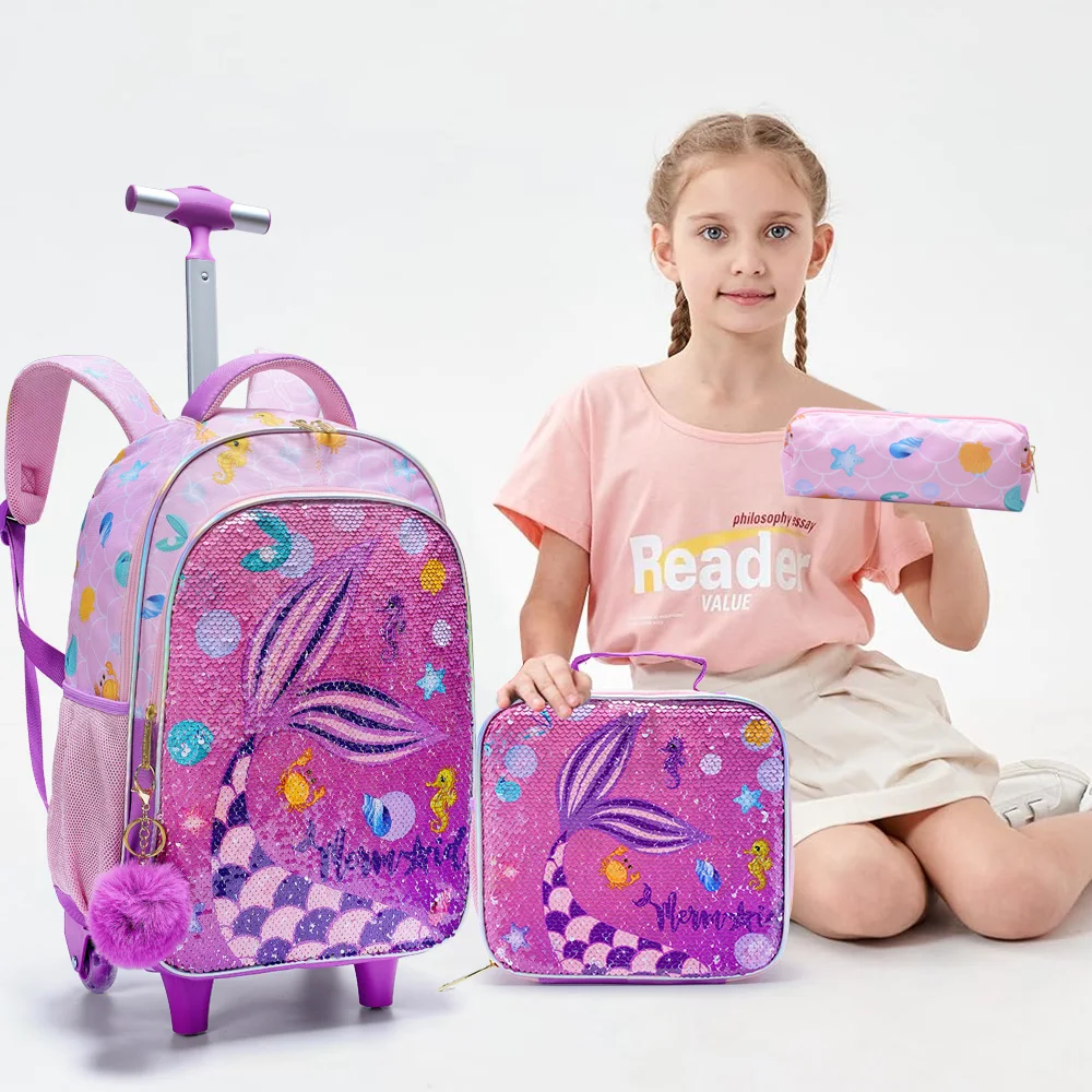 3PCS Kids Travel Bag, Luggage Bag, Bookbag with Wheels, with Lunch Box And Pen Bag, Pink Mermaid Pattern