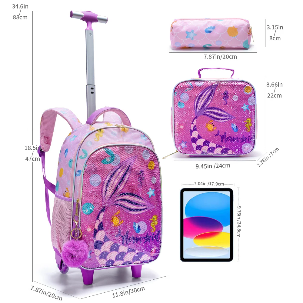 3PCS Kids Travel Bag, Luggage Bag, Bookbag with Wheels, with Lunch Box And Pen Bag, Pink Mermaid Pattern