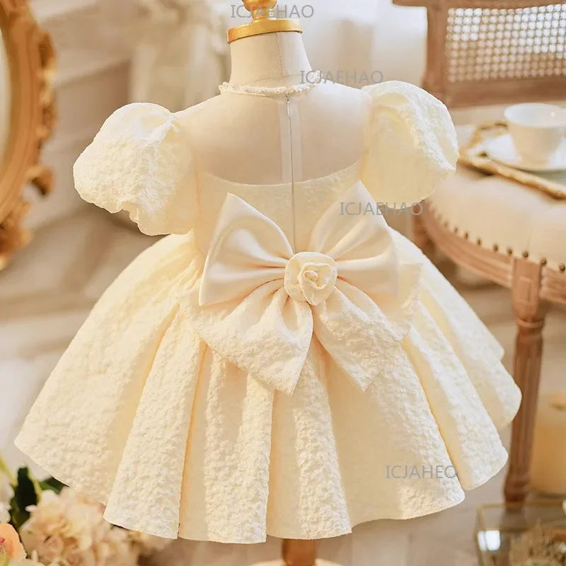 2026 Children Girls Champagne Bow PrincessBirthday Party Gown First Baby Satin Tutu Dress Gown Performance Elegant Kids