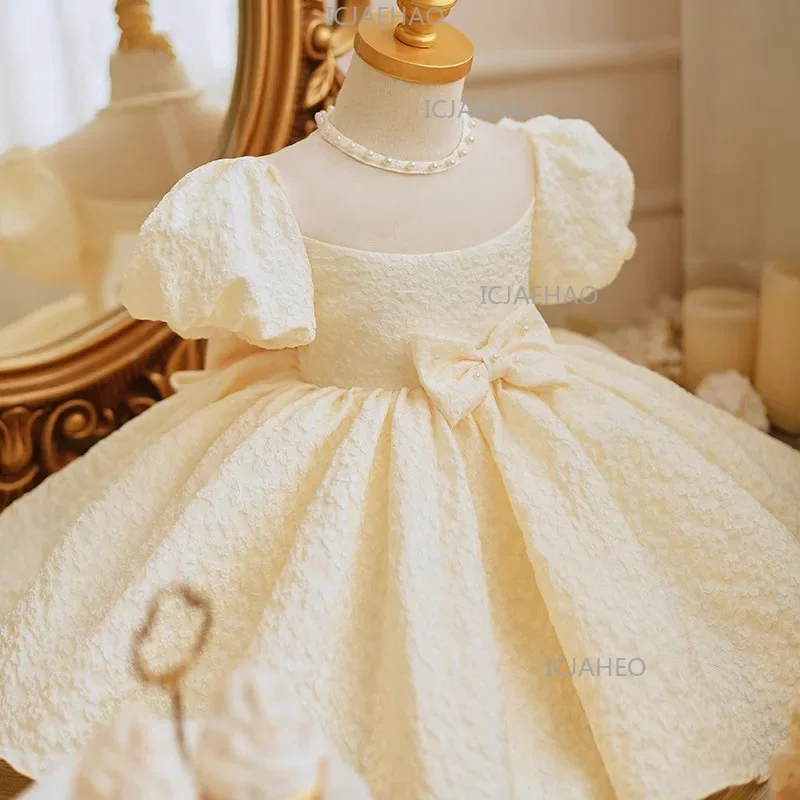 2026 Children Girls Champagne Bow PrincessBirthday Party Gown First Baby Satin Tutu Dress Gown Performance Elegant Kids