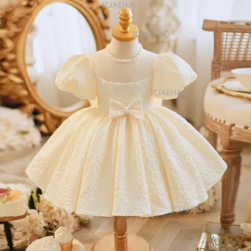 2026 Children Girls Champagne Bow PrincessBirthday Party Gown First Baby Satin Tutu Dress Gown Performance Elegant Kids