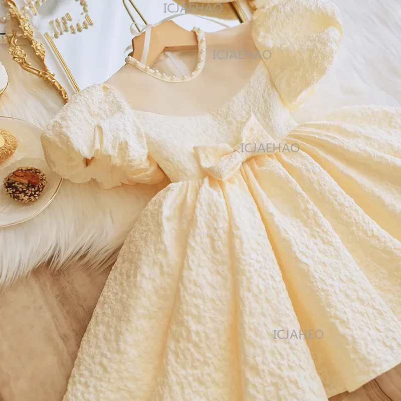 2026 Children Girls Champagne Bow PrincessBirthday Party Gown First Baby Satin Tutu Dress Gown Performance Elegant Kids