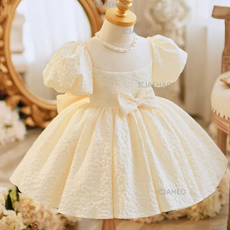 2026 Children Girls Champagne Bow PrincessBirthday Party Gown First Baby Satin Tutu Dress Gown Performance Elegant Kids