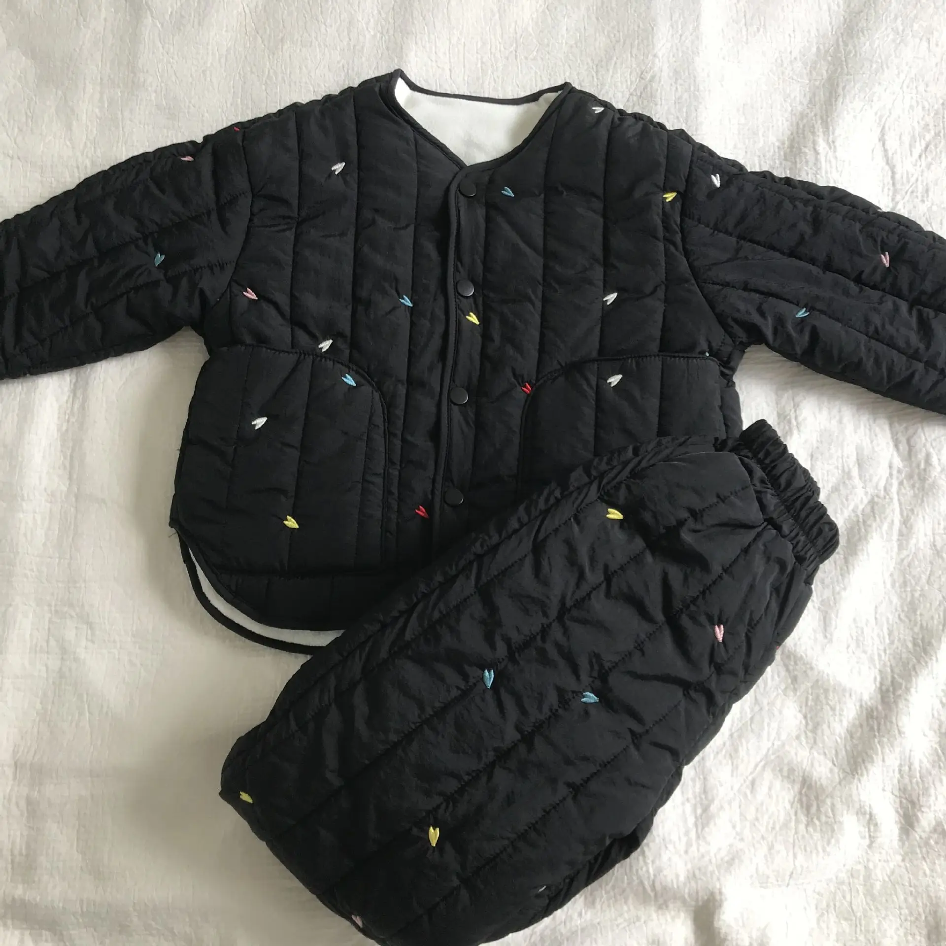 Embroidery Children's Sets Autumn Winter Warm Plush Lining Kids Hooded Jacket and Pants for Boys and Girls Sets