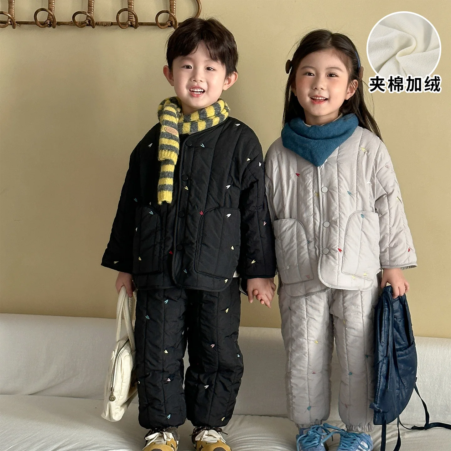 Embroidery Children's Sets Autumn Winter Warm Plush Lining Kids Hooded Jacket and Pants for Boys and Girls Sets