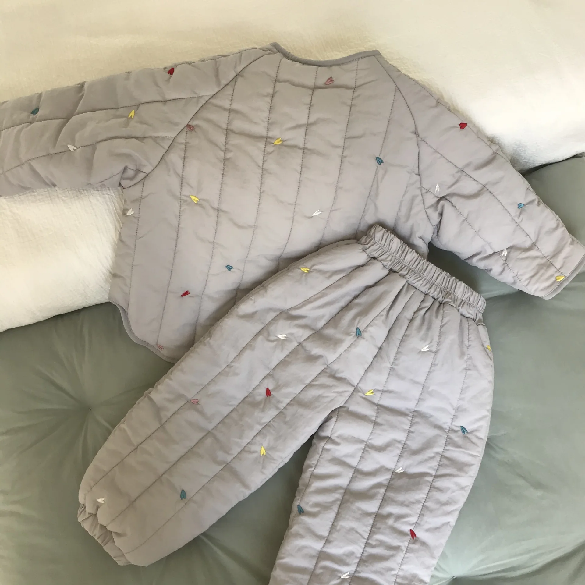 Embroidery Children's Sets Autumn Winter Warm Plush Lining Kids Hooded Jacket and Pants for Boys and Girls Sets