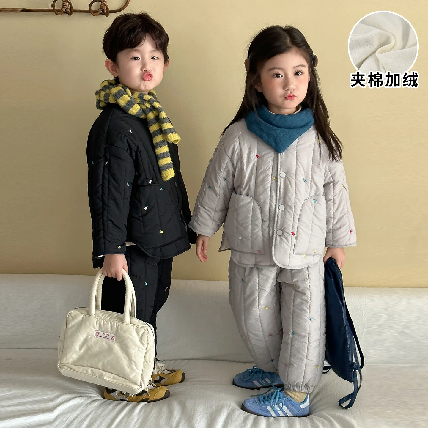 Embroidery Children's Sets Autumn Winter Warm Plush Lining Kids Hooded Jacket and Pants for Boys and Girls Sets