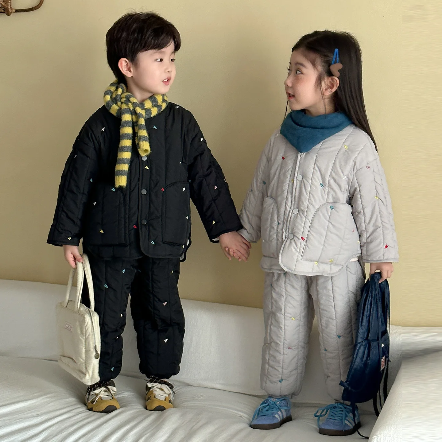 Embroidery Children's Sets Autumn Winter Warm Plush Lining Kids Hooded Jacket and Pants for Boys and Girls Sets