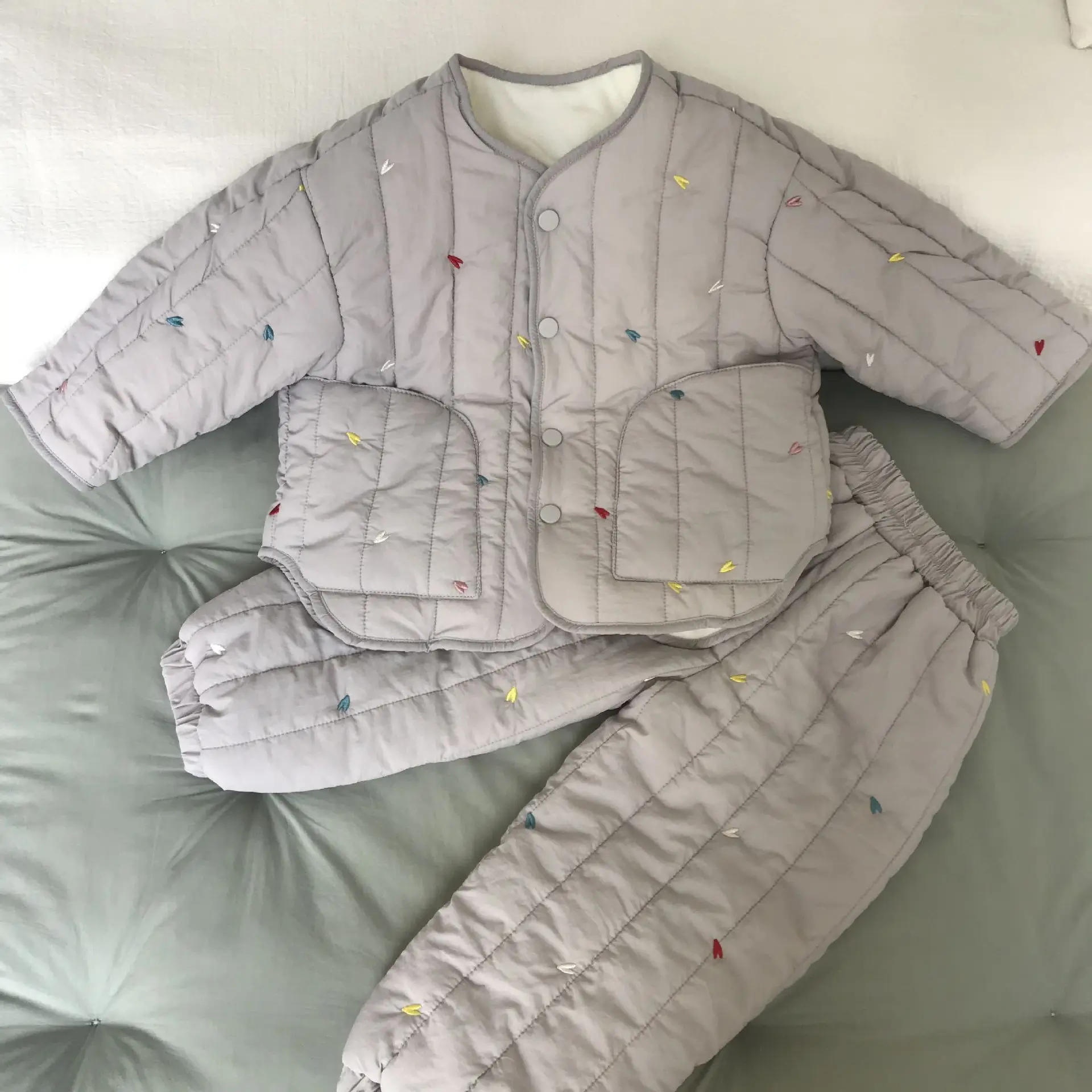 Embroidery Children's Sets Autumn Winter Warm Plush Lining Kids Hooded Jacket and Pants for Boys and Girls Sets