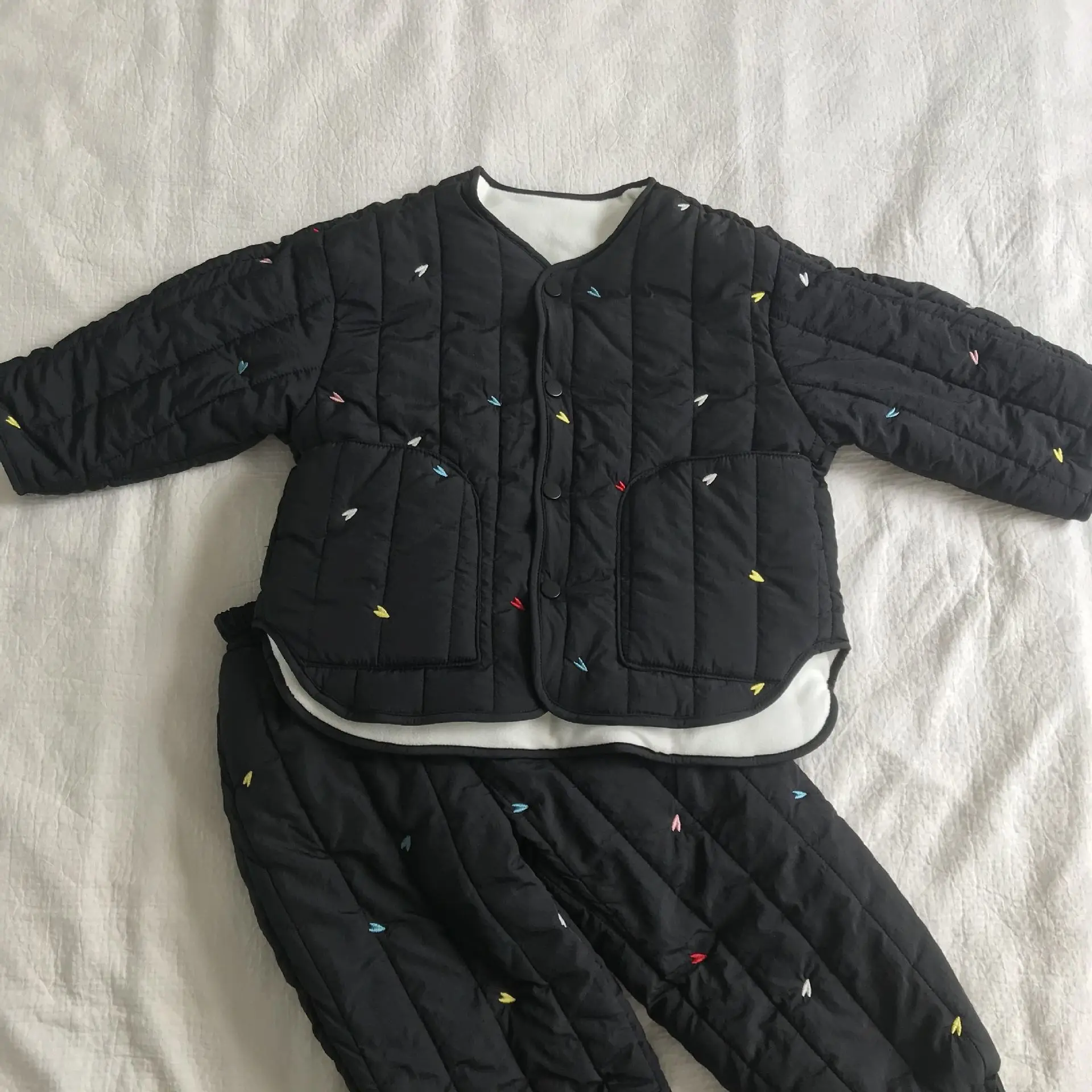 Embroidery Children's Sets Autumn Winter Warm Plush Lining Kids Hooded Jacket and Pants for Boys and Girls Sets