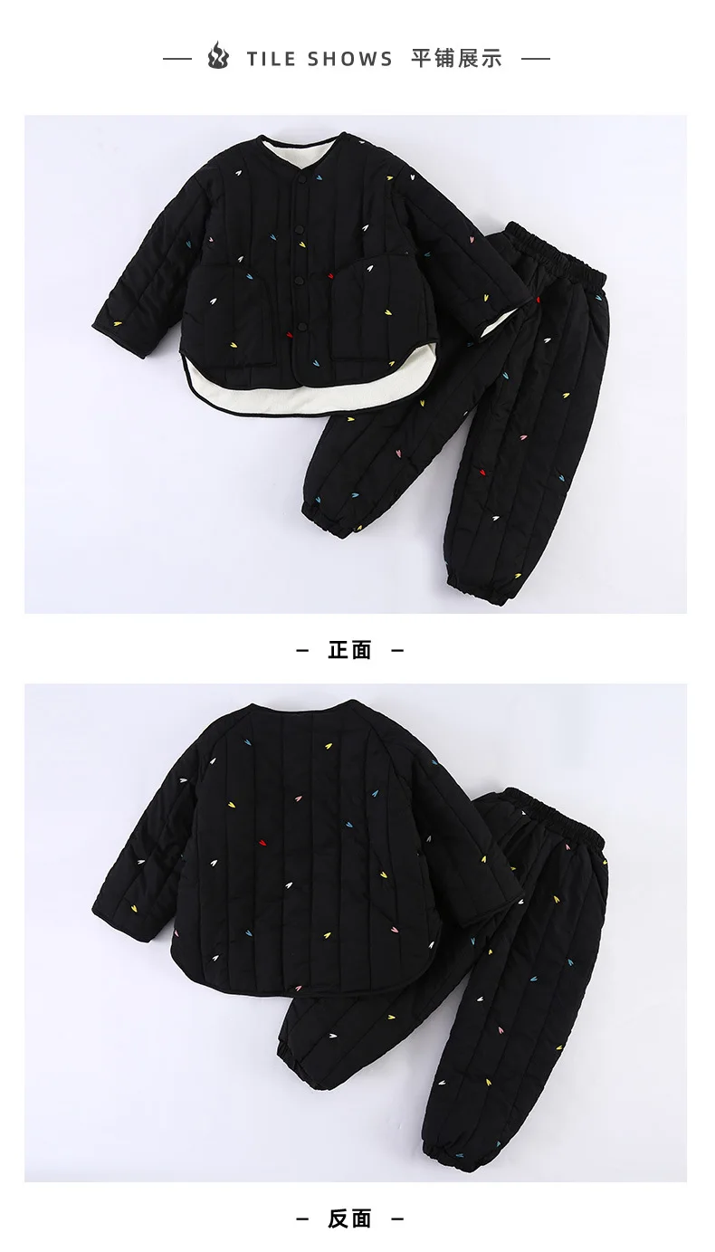 Embroidery Children's Sets Autumn Winter Warm Plush Lining Kids Hooded Jacket and Pants for Boys and Girls Sets