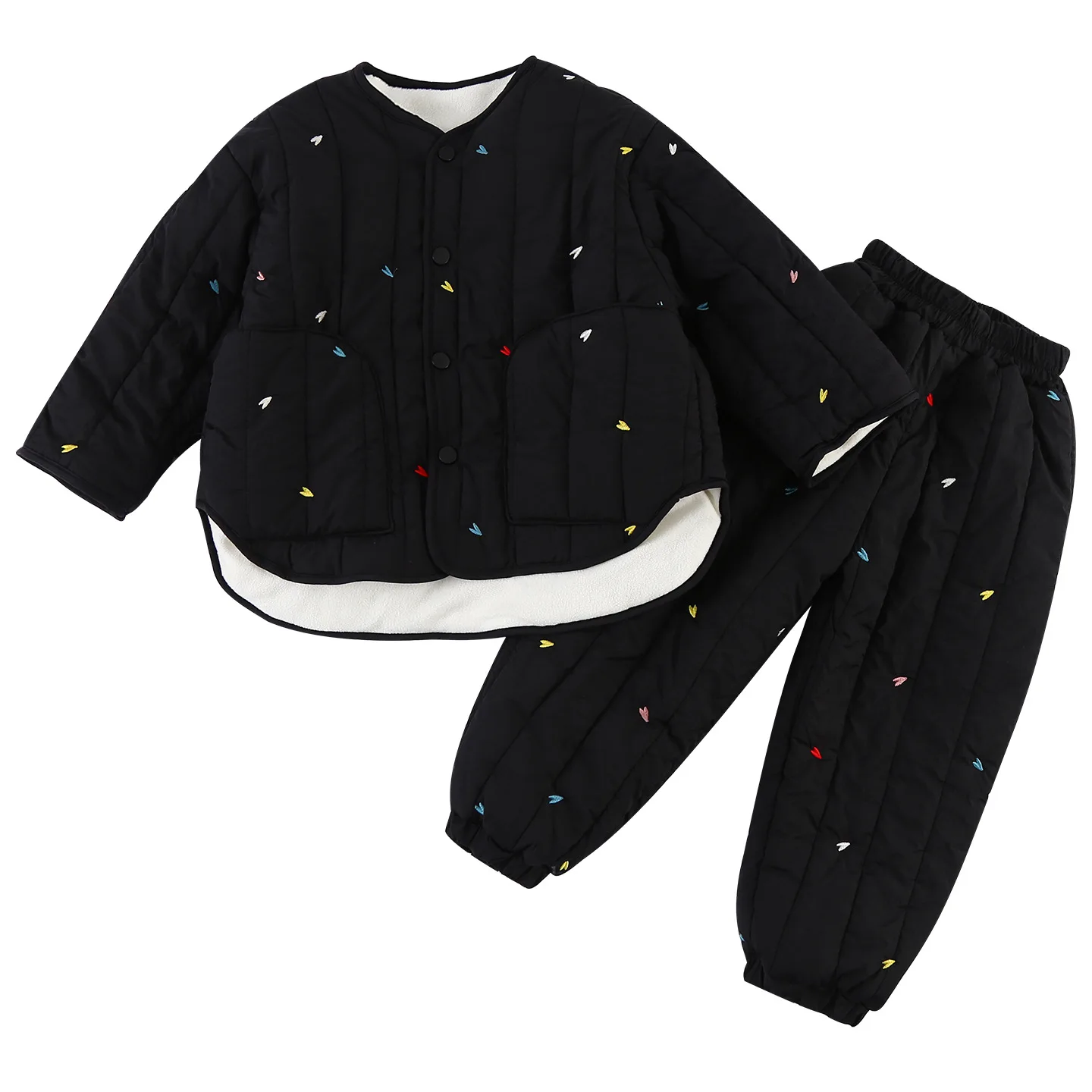 Embroidery Children's Sets Autumn Winter Warm Plush Lining Kids Hooded Jacket and Pants for Boys and Girls Sets