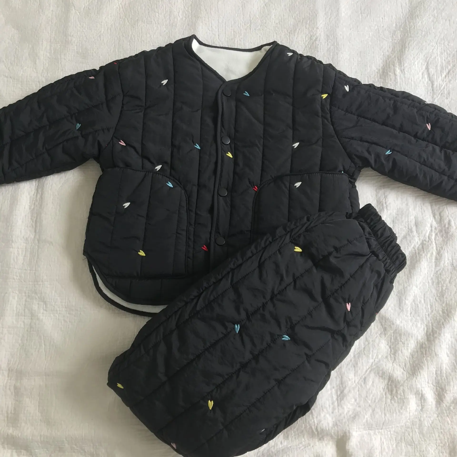 Embroidery Children's Sets Autumn Winter Warm Plush Lining Kids Hooded Jacket and Pants for Boys and Girls Sets