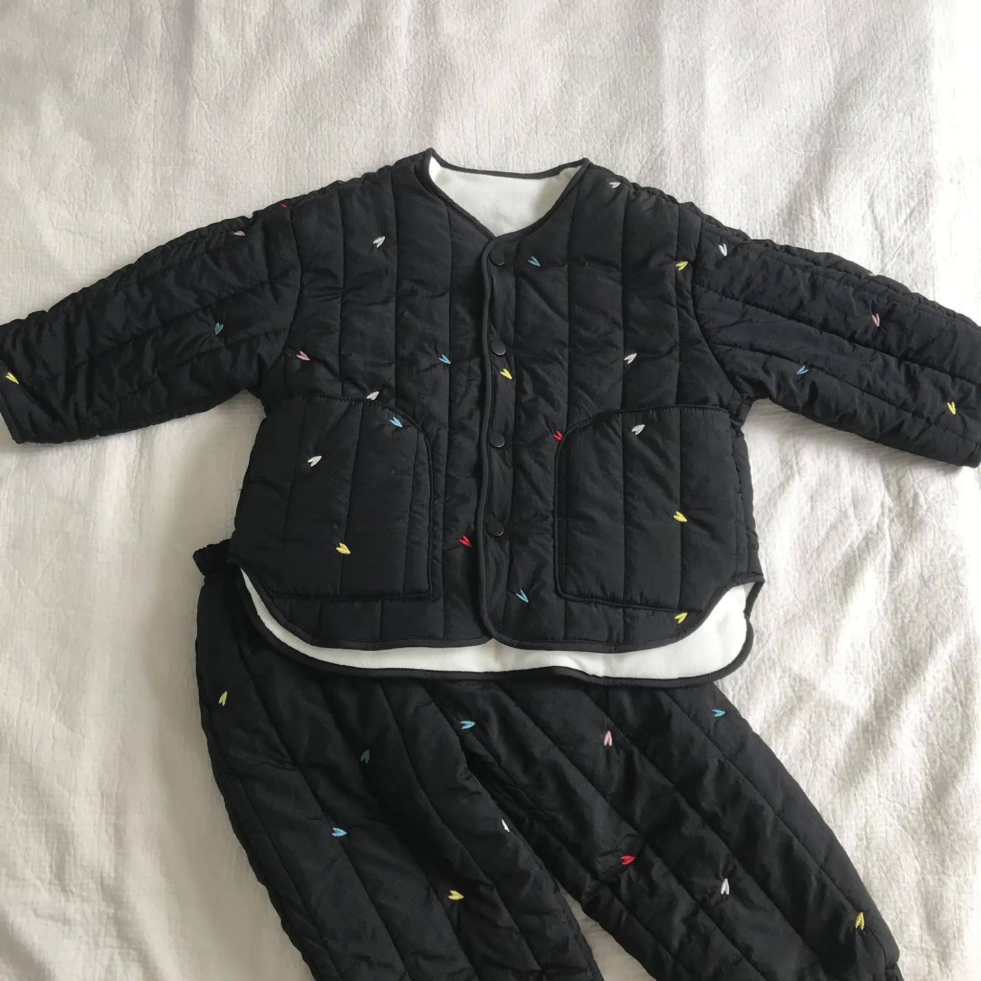 Embroidery Children's Sets Autumn Winter Warm Plush Lining Kids Hooded Jacket and Pants for Boys and Girls Sets