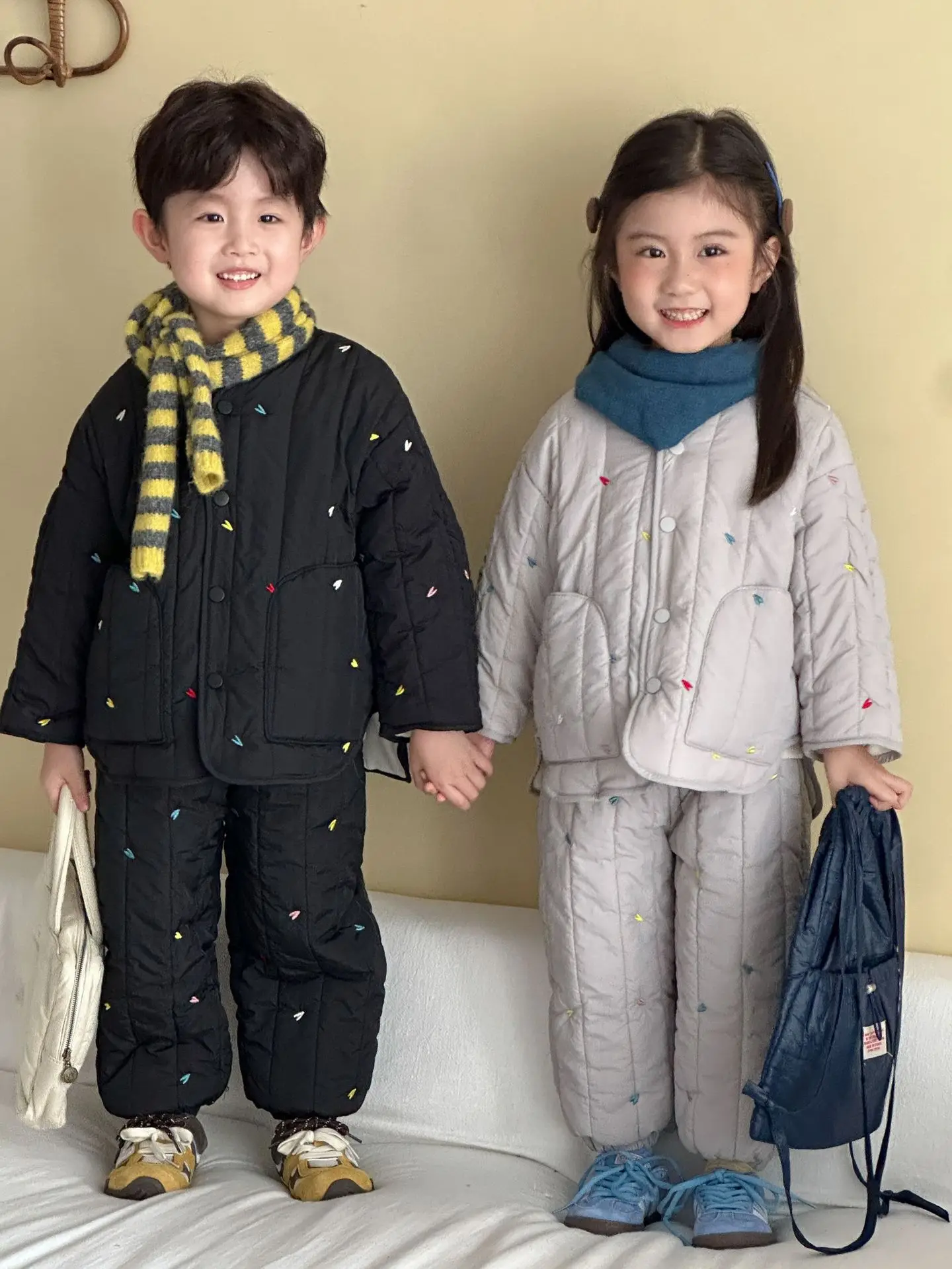 Embroidery Children's Sets Autumn Winter Warm Plush Lining Kids Hooded Jacket and Pants for Boys and Girls Sets