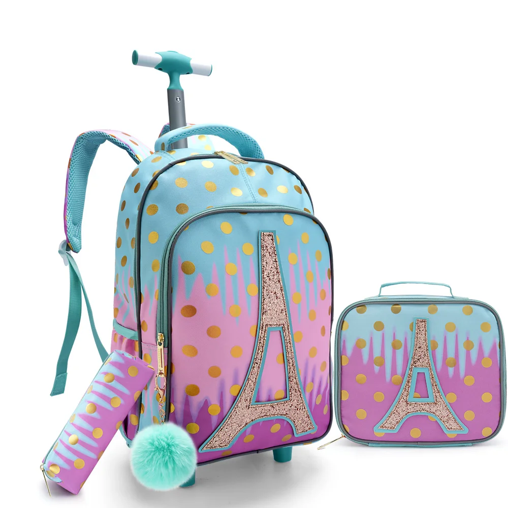 3PCS Rolling Backpack For Girls, Kids Wheeled School BookBag With Lunch Box And Pen Bag, Gold Tower Pattern, Nighttime Reflective