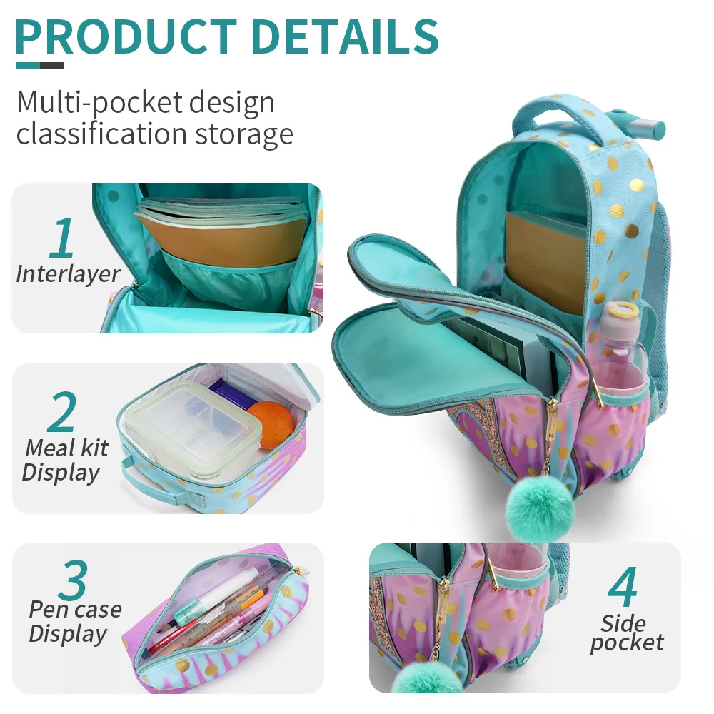 3PCS Rolling Backpack For Girls, Kids Wheeled School BookBag With Lunch Box And Pen Bag, Gold Tower Pattern, Nighttime Reflective