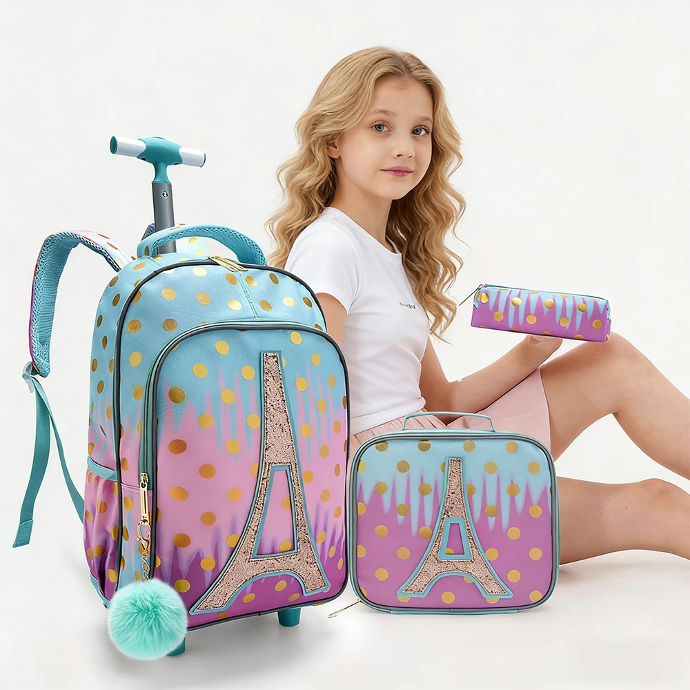 3PCS Rolling Backpack For Girls, Kids Wheeled School BookBag With Lunch Box And Pen Bag, Gold Tower Pattern, Nighttime Reflective