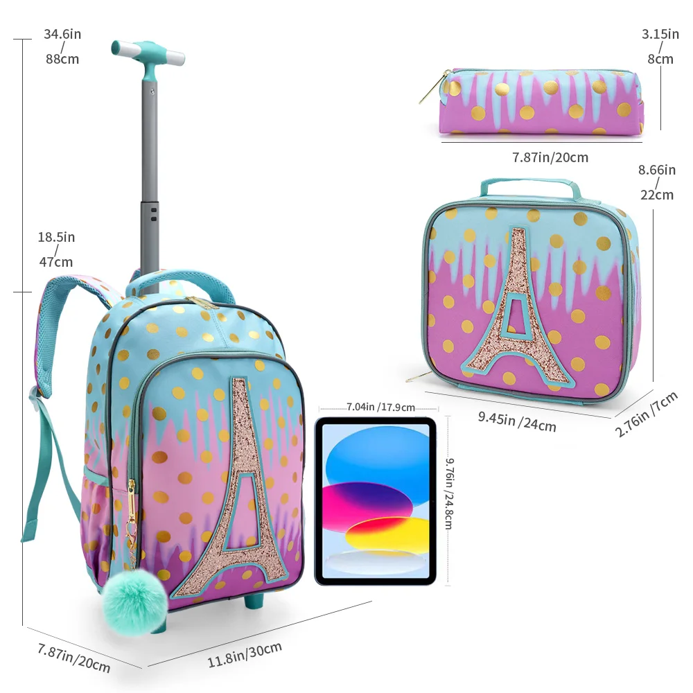 3PCS Rolling Backpack For Girls, Kids Wheeled School BookBag With Lunch Box And Pen Bag, Gold Tower Pattern, Nighttime Reflective