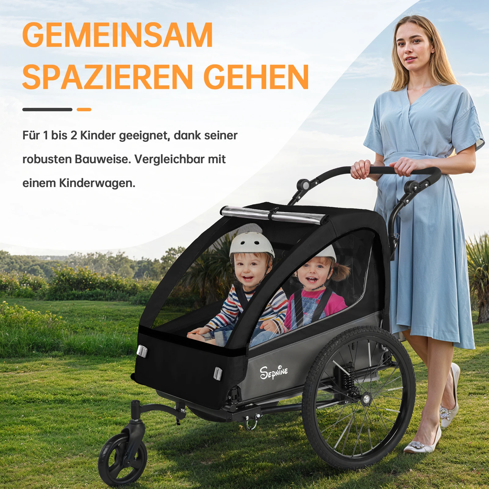 Sepnine BT920 Children Bicycle Trailer And Stroller 2-in-1 The Shock-absorbing Tire Has a Breathable Safe And Foldable Storage Space