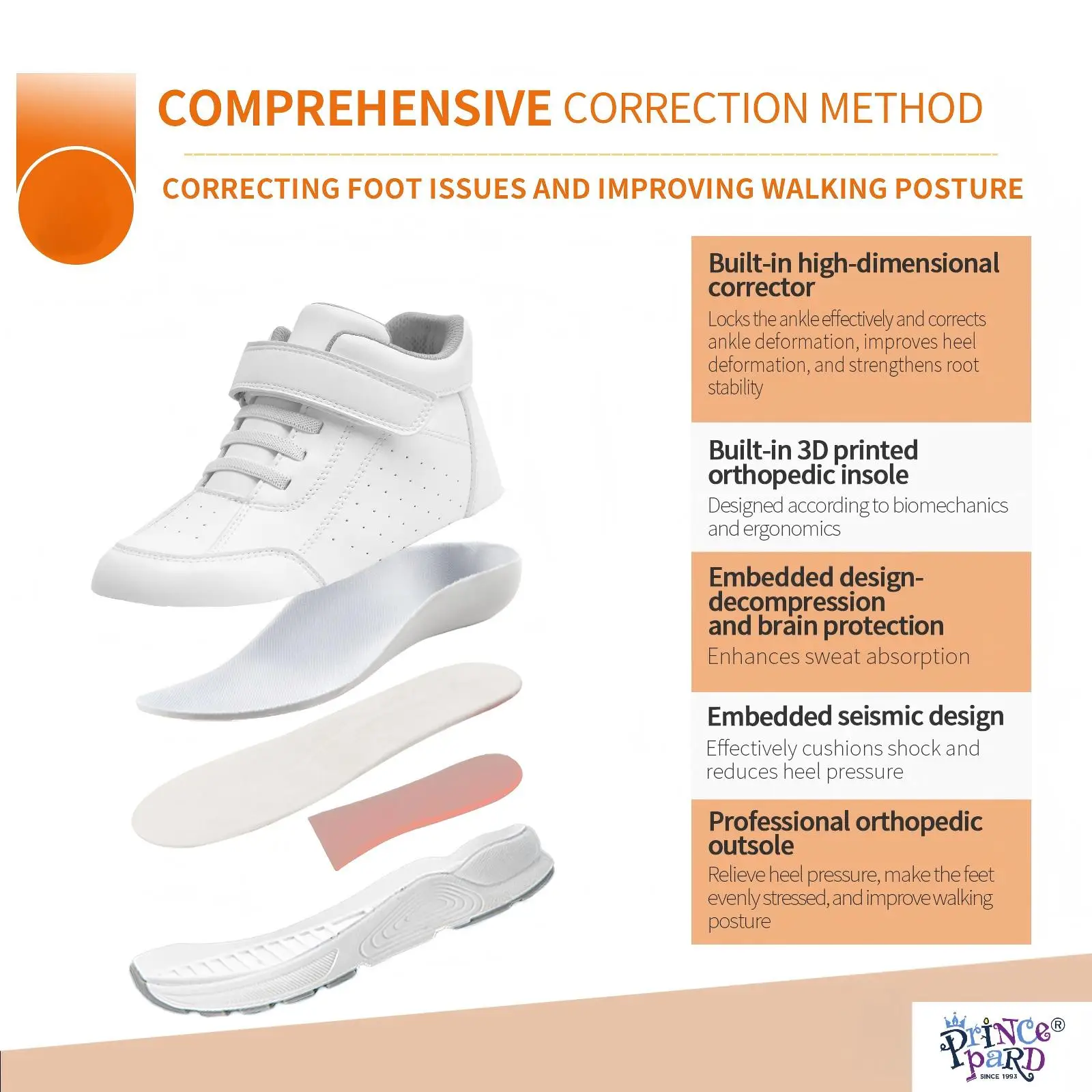 Orthopedic Casual Shoes for Kids White Color Leather Ankle Support School Footwear with Corrective Insole