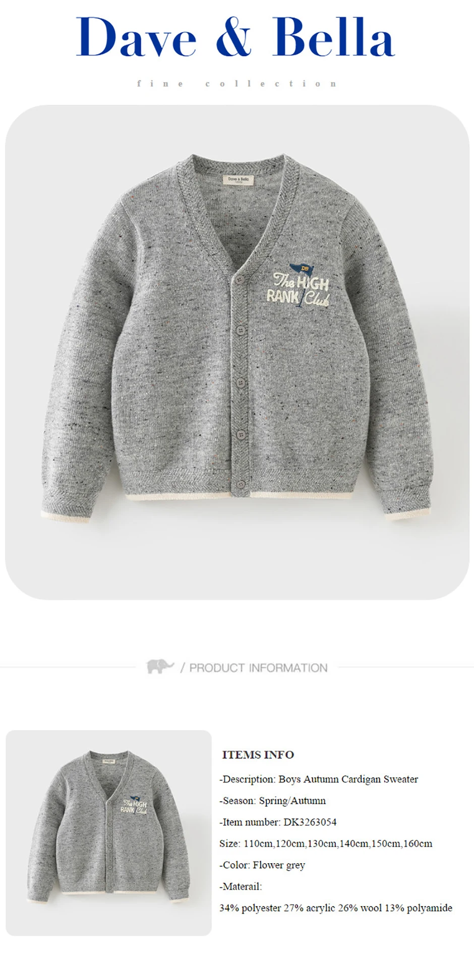 Dave Bella Boys Autumn Spring Wool Sweater Children Knitted Cardigan Kids Knitwear Long Sleeve Outwear Coat DK3263054