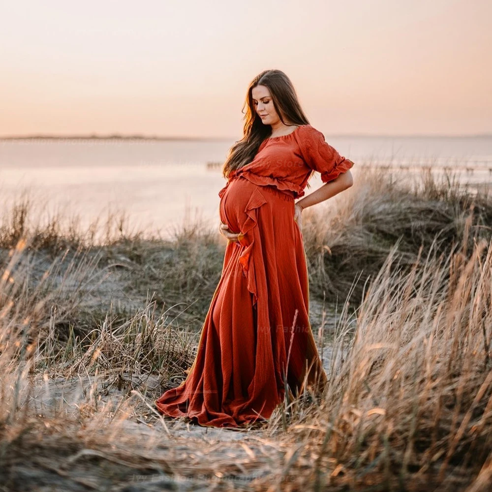 Bohemian Pregnancy Dress Side Split Ruffle Edge Vintage Comfortable Linen Dress Comfortable Linen Boho Style Baby Shower Dress