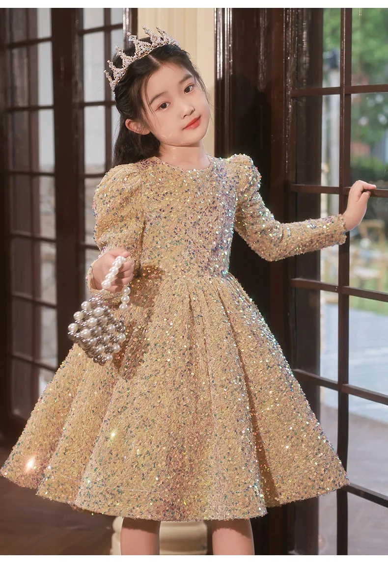 3-14 Yrs Flower Girls Dress Wedding Birthday Dress Golden Sequin Lace First Communion Dresses for Girls Baptism Party Vestidos