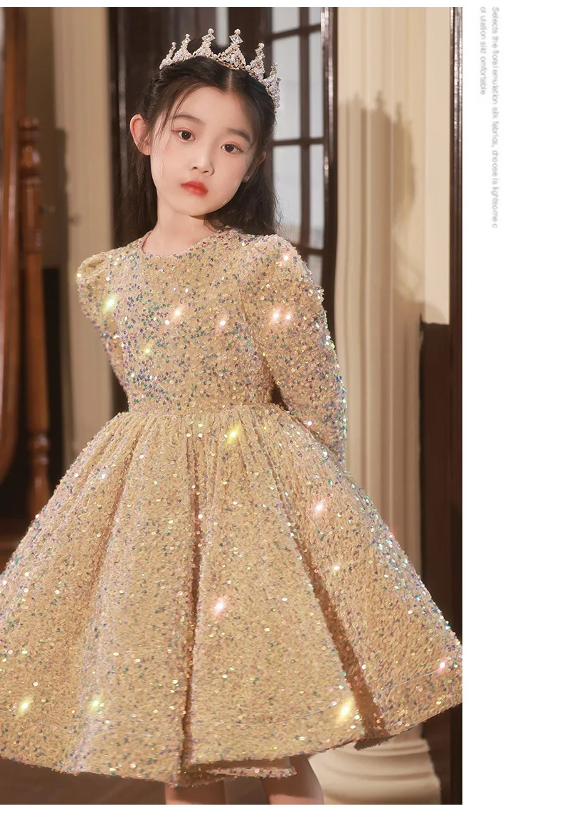3-14 Yrs Flower Girls Dress Wedding Birthday Dress Golden Sequin Lace First Communion Dresses for Girls Baptism Party Vestidos