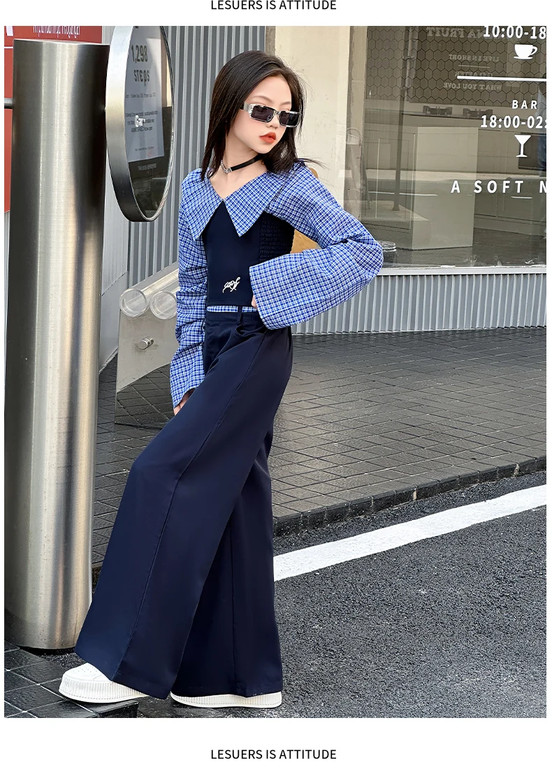 French design teen girls clothes set Off Shoulder splicing grid tops+wide leg pants 2pcs junior kids fashion suit child outfits